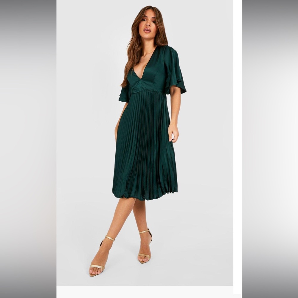 Satin Pleated Plunge Occasion Midi Dress Emerald 🌳